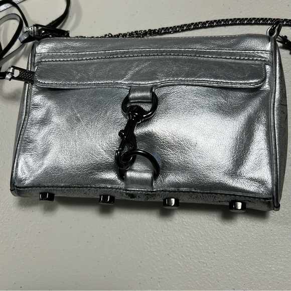 REBECCA Minkoff Mini Mac Metallic Silver Distressed Leather Chain Crossbody Bag - Picture 2 of 16